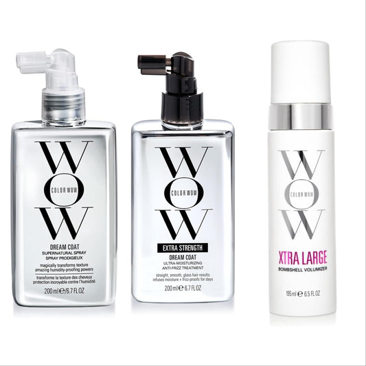 SET OF 3 COLOR WOW Dreamcoat Supernatural Spray, Silver, 200 ml +Extra Strength Dream Coat+ Xtra Large, Bombshell volumizer, 195ml